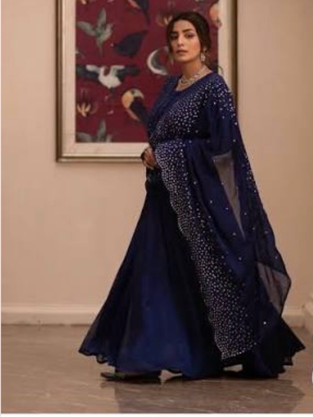 Embellished Navy Blue Maxi Dress with Sheer Draped Overlay